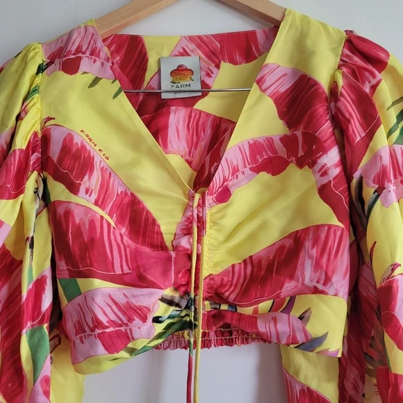 Farm Rio, Sweet Jungle Lime Crop‎ Top, Lime Yellow/Red/Pink, Size XS - Picture 8 of 16